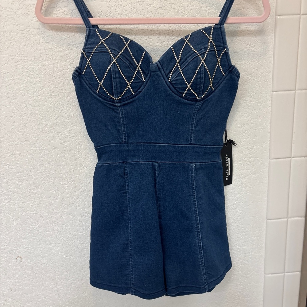 Haute Monde Blue Beaded Denim Romper